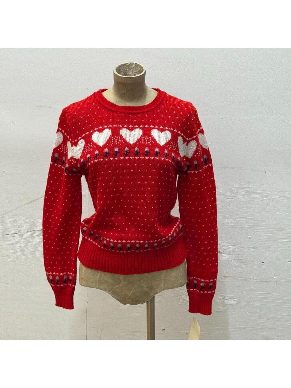 Vintage Film Costume 70s Red Heart Motif Sweater XS/S